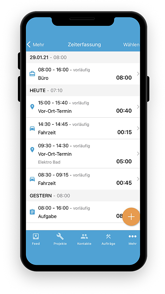 Mit der Sonepar-HERO App erfassen Sie Ihre Arbeitszeit mit wenigen Knopfdrücken einfach digital Bild: Die gesamte Arbeitszeit mit der Sonepar-HERO App erfassen