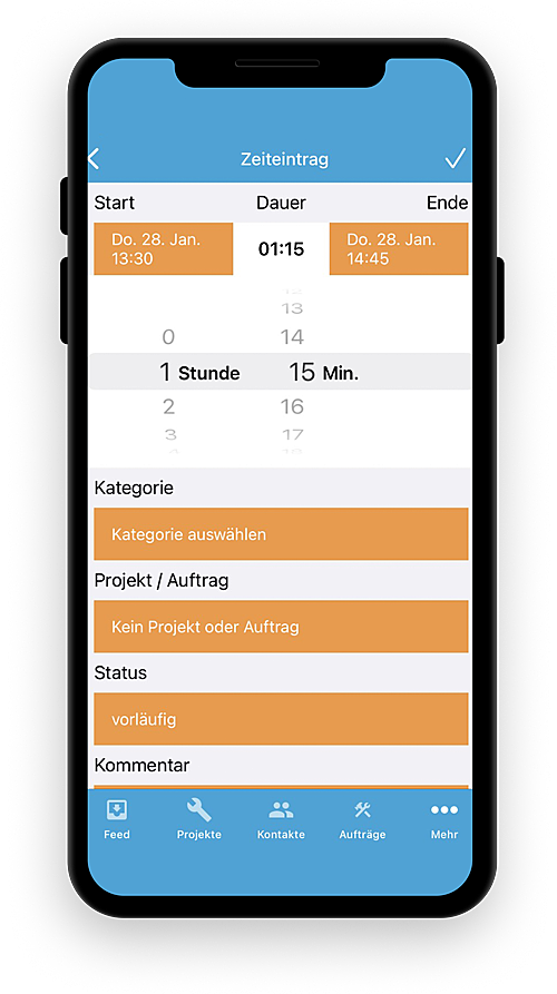 Kommentare oder nachträgliche Änderungen können in der App einfach ergänzt werden Bild: Die Zeiterfassung in der Sonepar-HERO Doku App kann auch bearbeitet werden